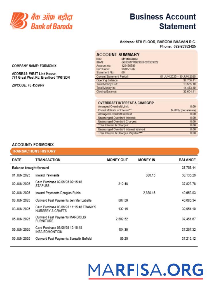 Realistic Bob Bank of Boroda bank organization checking account statement Word and PDF template